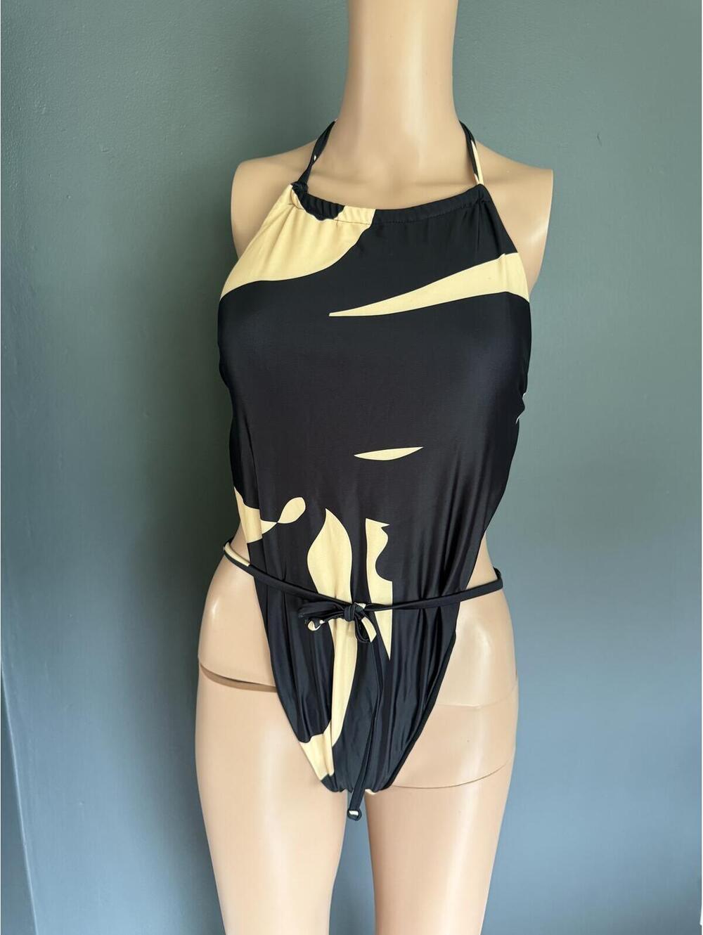 Matte Collection Black and Beige Halter One-Piece Swimsuit Size XL